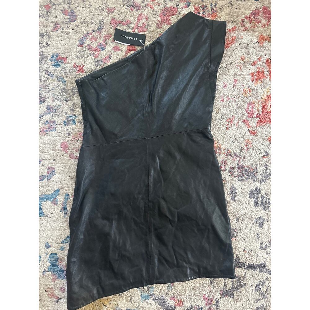 NEW LAMARQUE Corey Draped Lamb Leather One Shoulder Mini Dress Black Sz Large - Picture 6 of 13